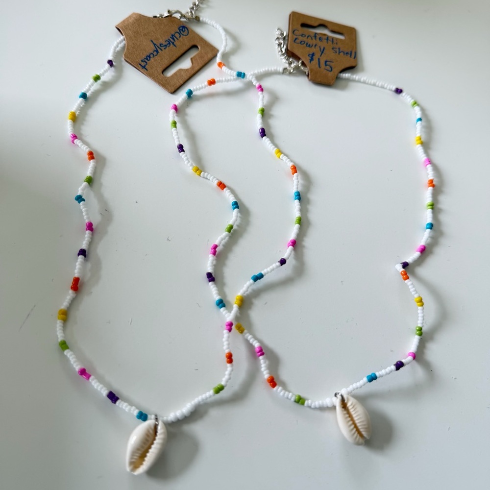 Confetti Seed Bead Cowrie Shell Necklace - White with Multicolor Accents